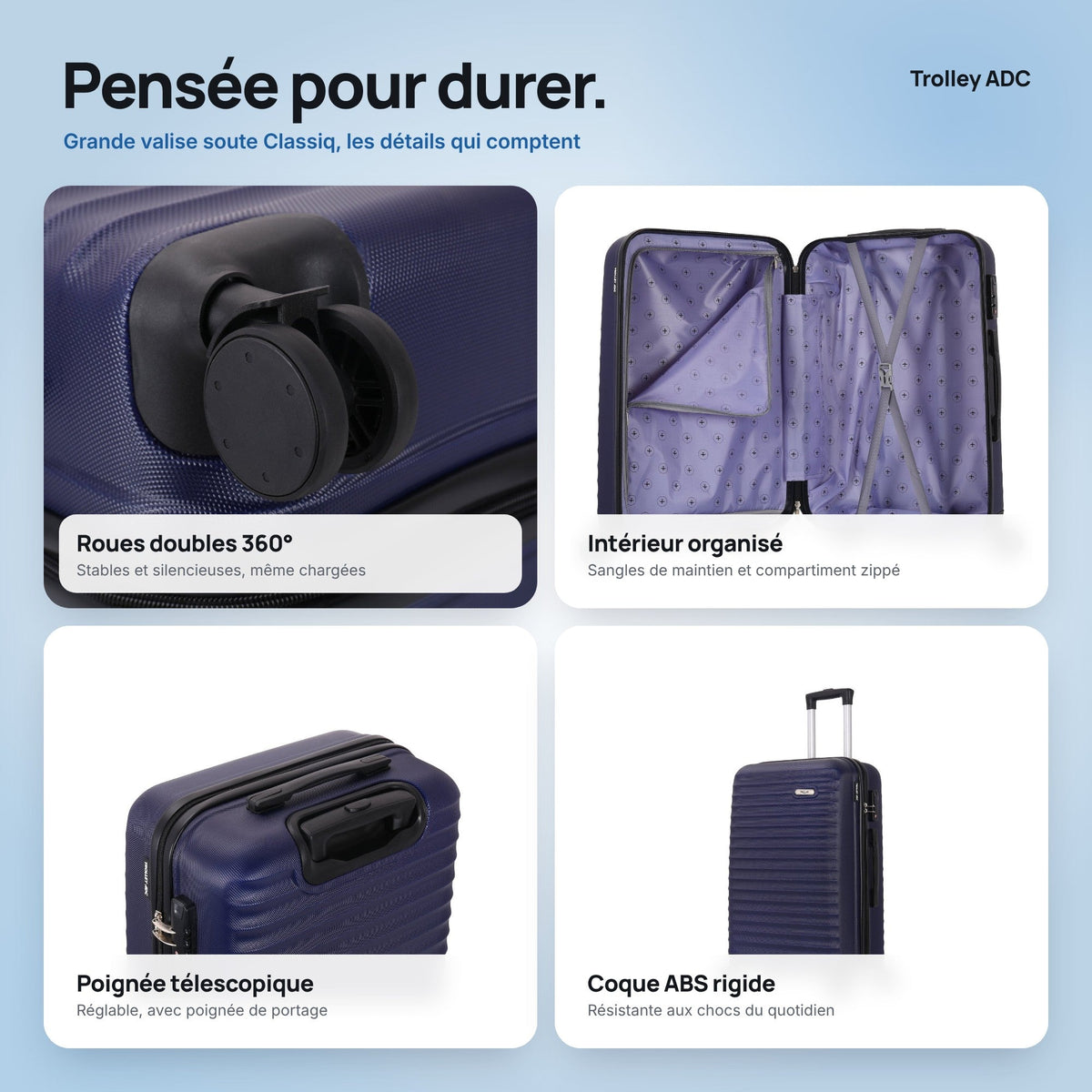 Grande valise soute 75 cm Classiq : roues, poignée, intérieur et coque