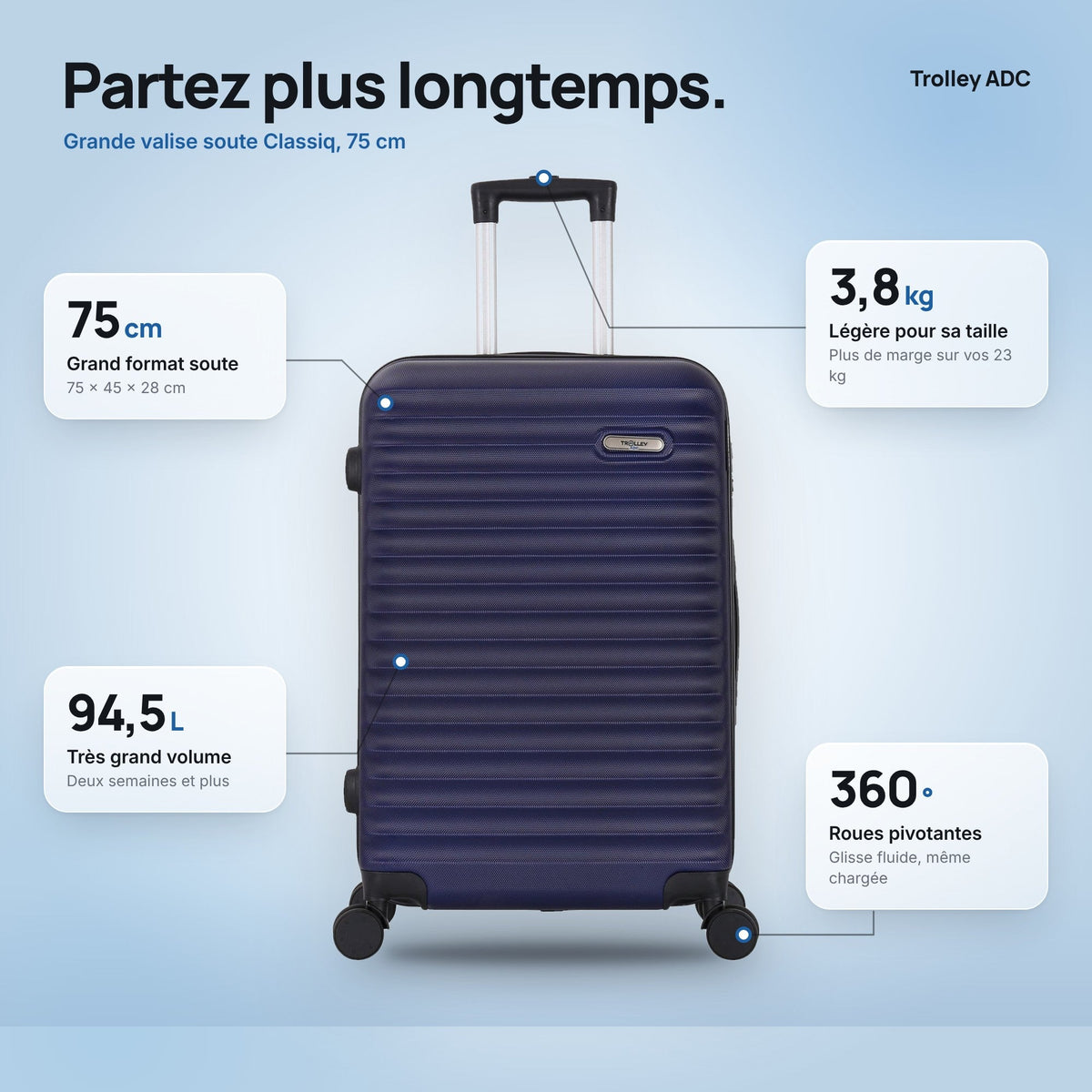 Grande valise soute 75 cm Classiq : dimensions, volume et poids