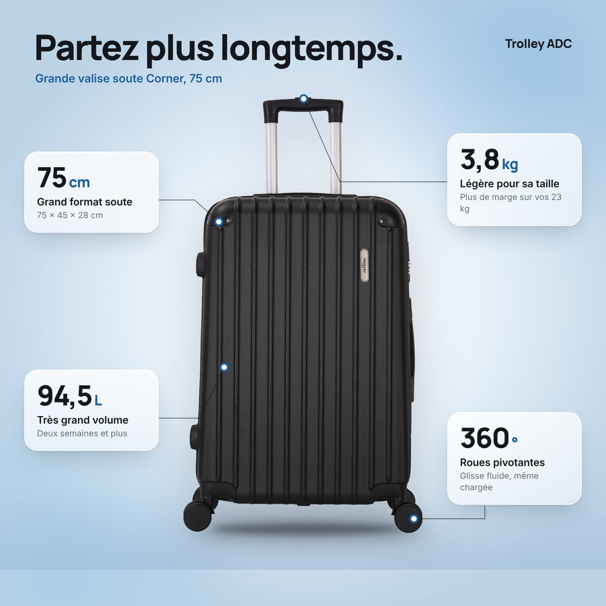 Grande valise soute 75 cm Corner : dimensions, volume et poids