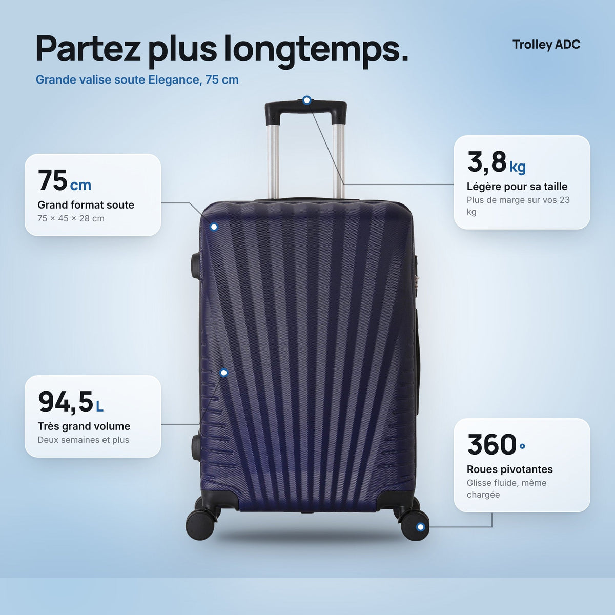 Grande valise soute 75 cm Elegance : dimensions, volume et poids