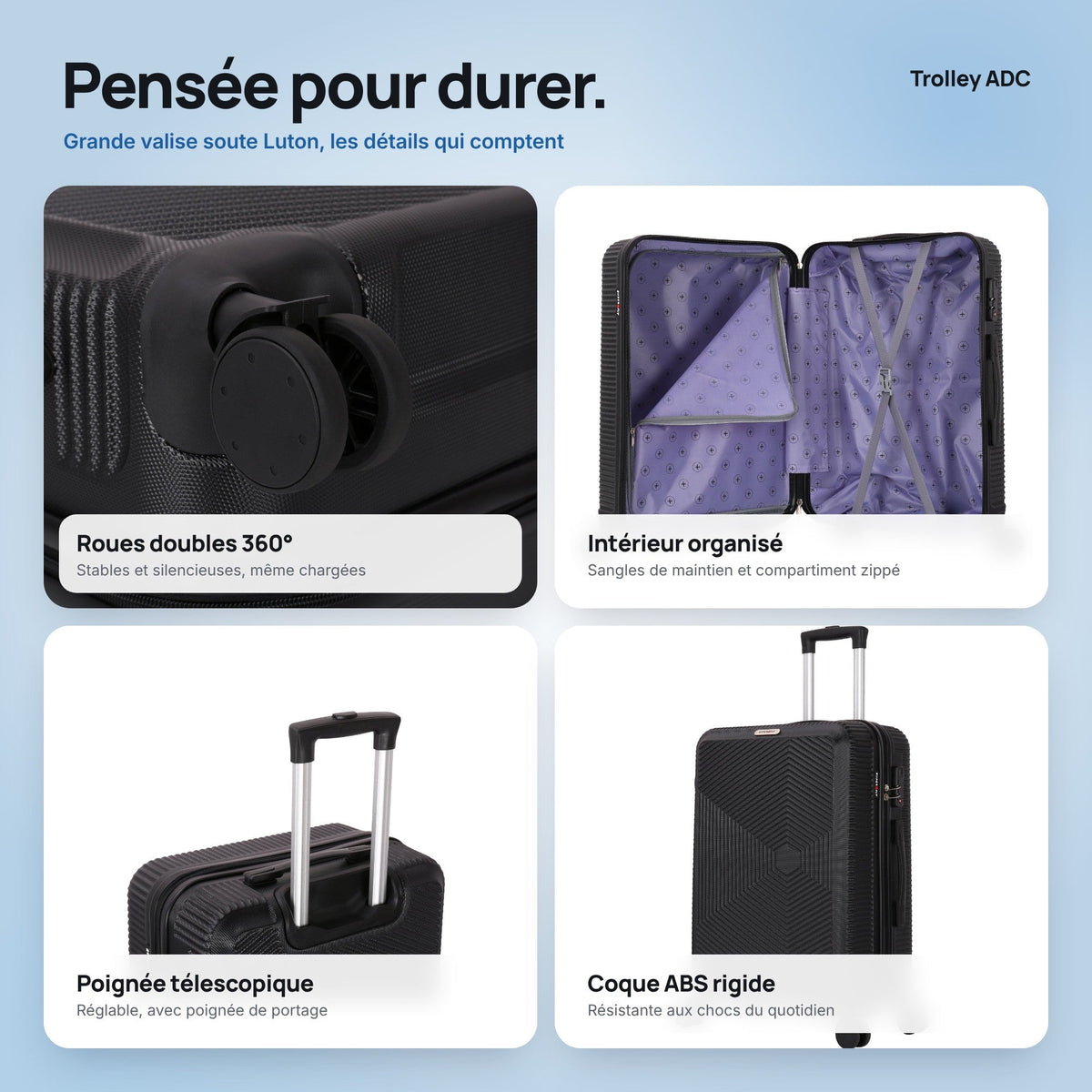 Grande valise soute 75 cm Luton : roues, poignée, intérieur et coque