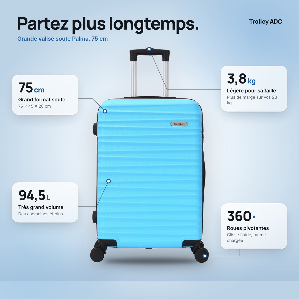 Grande valise soute 75 cm Palma : dimensions, volume et poids