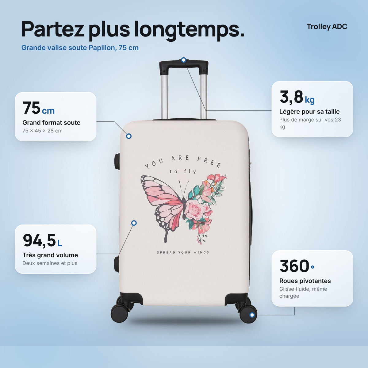 Grande valise soute 75 cm Papillon : dimensions, volume et poids