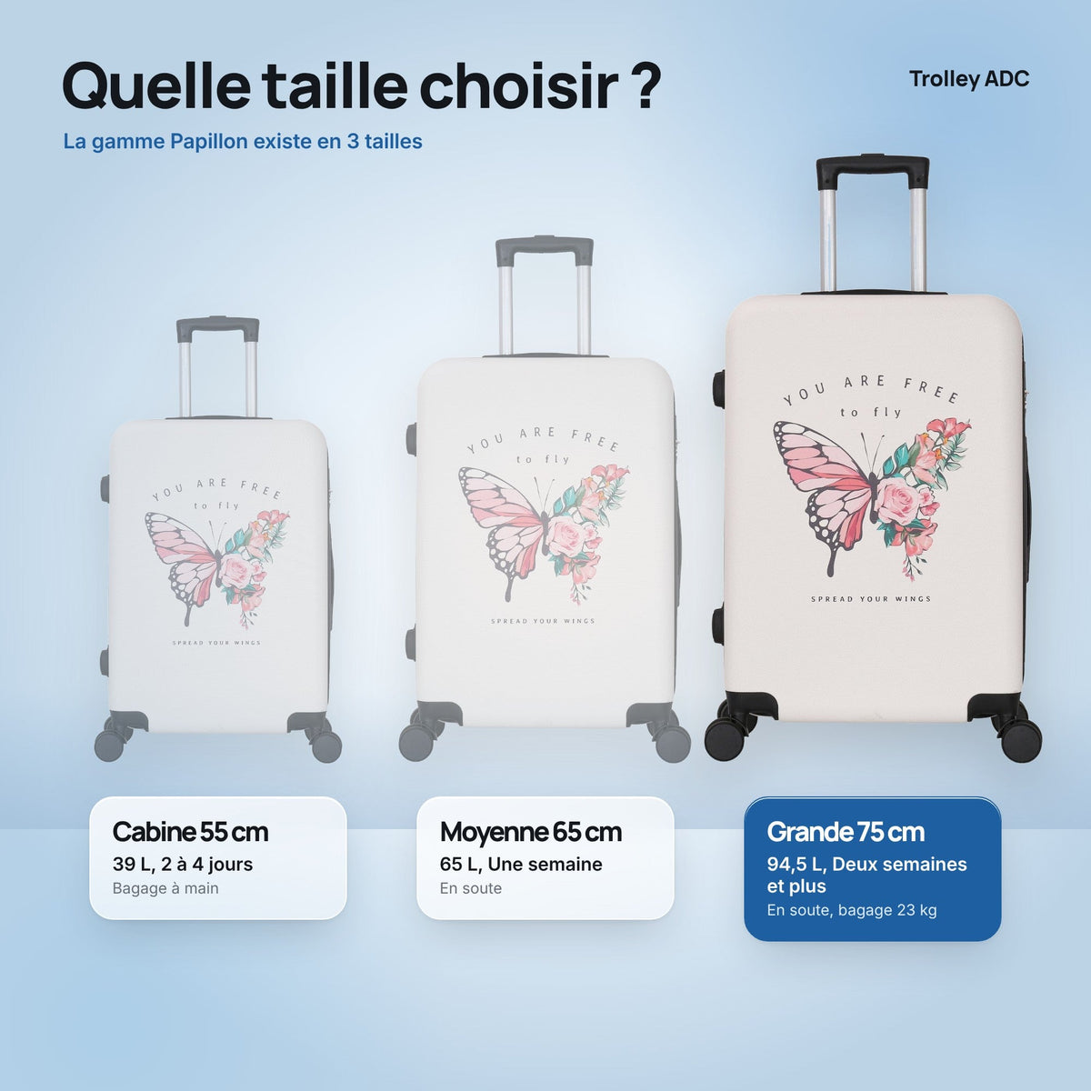 Grande valise soute 75 cm Papillon : comparatif des tailles cabine, moyenne et grande