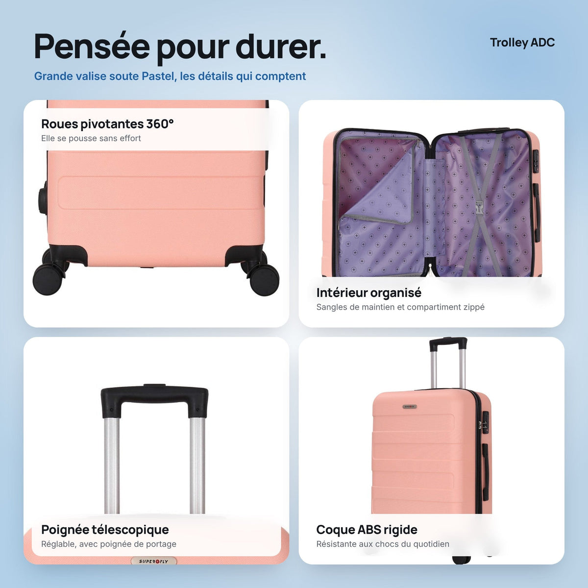 Grande valise soute 75 cm Pastel : roues, poignée, intérieur et coque