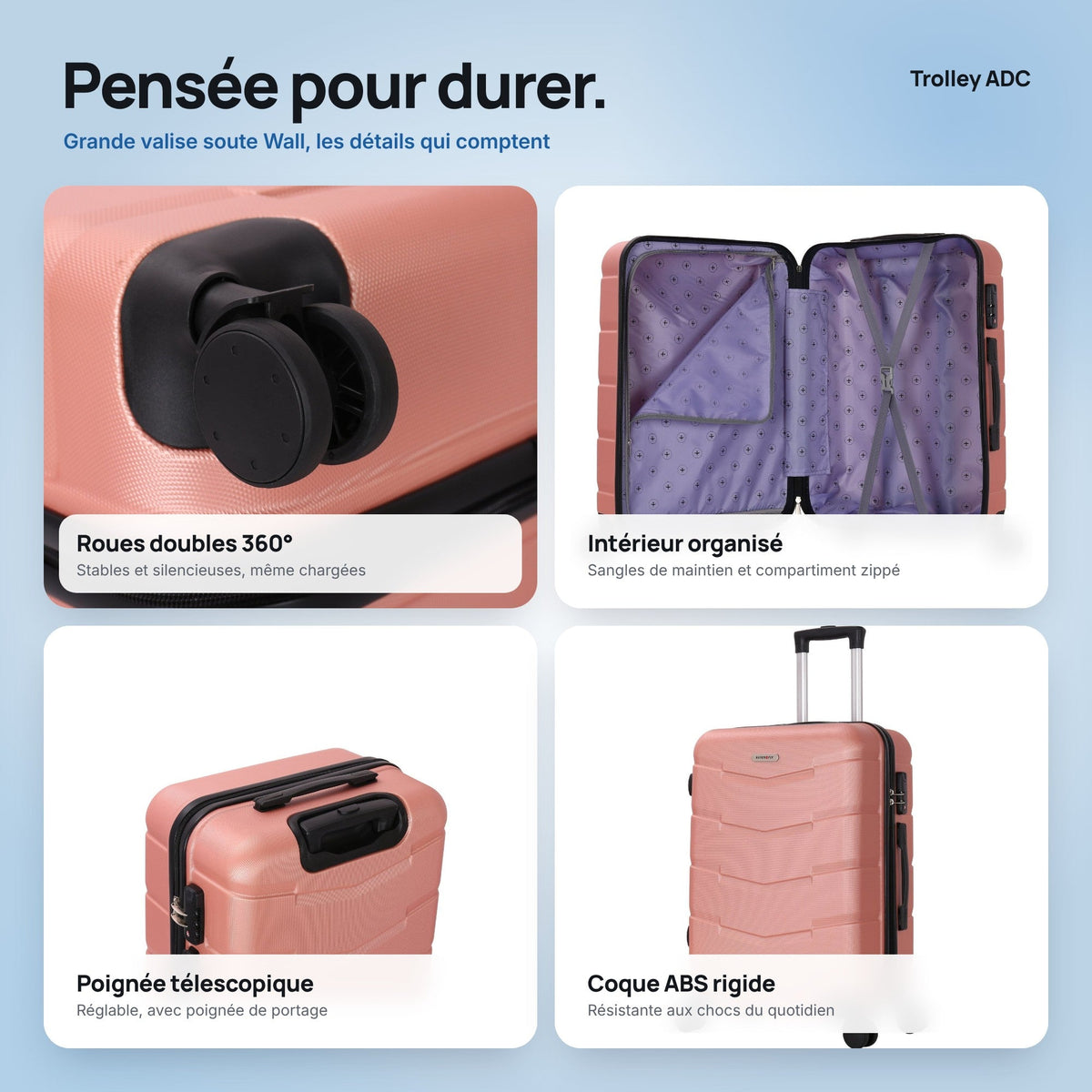 Grande valise soute 75 cm Wall : roues, poignée, intérieur et coque