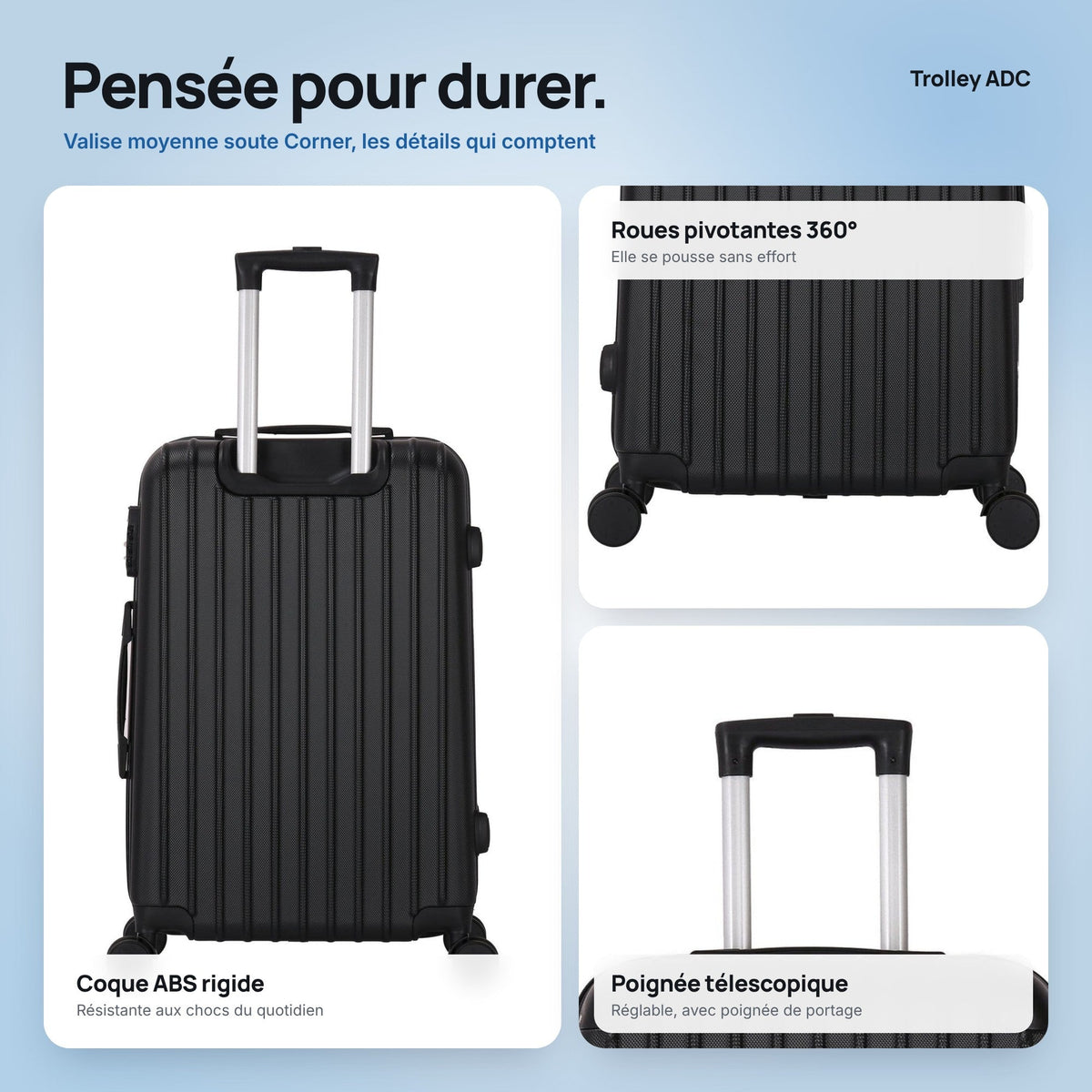 Valise moyenne soute 65 cm Corner : roues, poignée, intérieur et coque