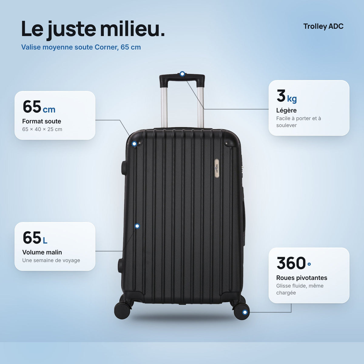 Valise moyenne soute 65 cm Corner : dimensions, volume et poids