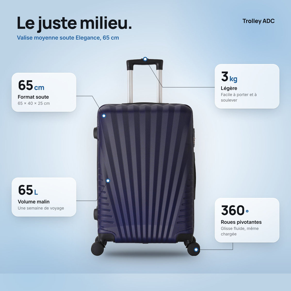Valise moyenne soute 65 cm Elegance : dimensions, volume et poids