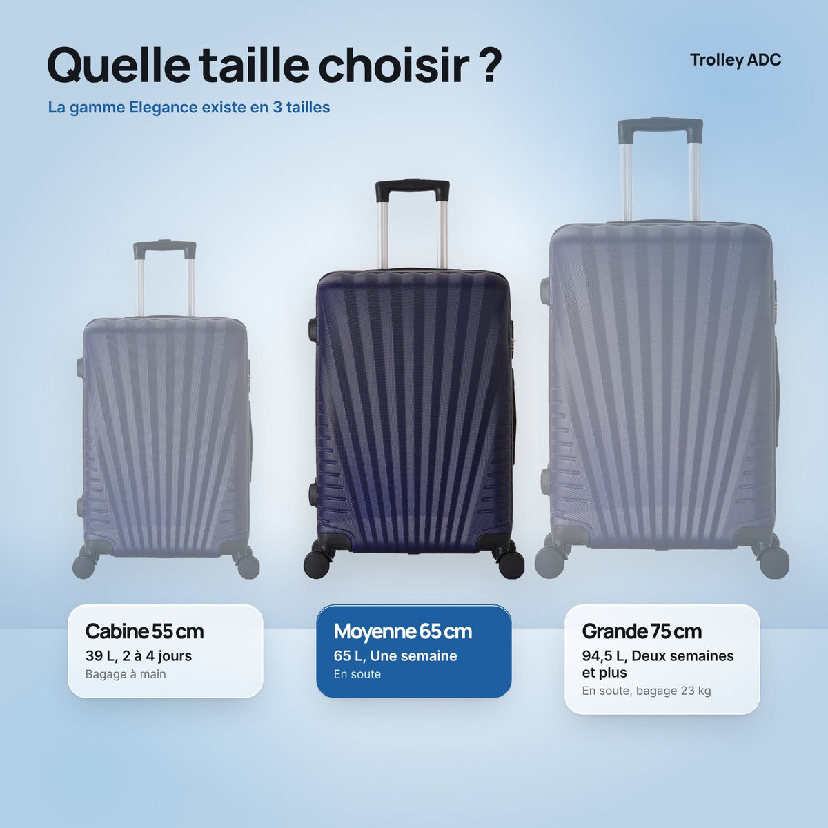 Valise moyenne soute 65 cm Elegance : comparatif des tailles cabine, moyenne et grande