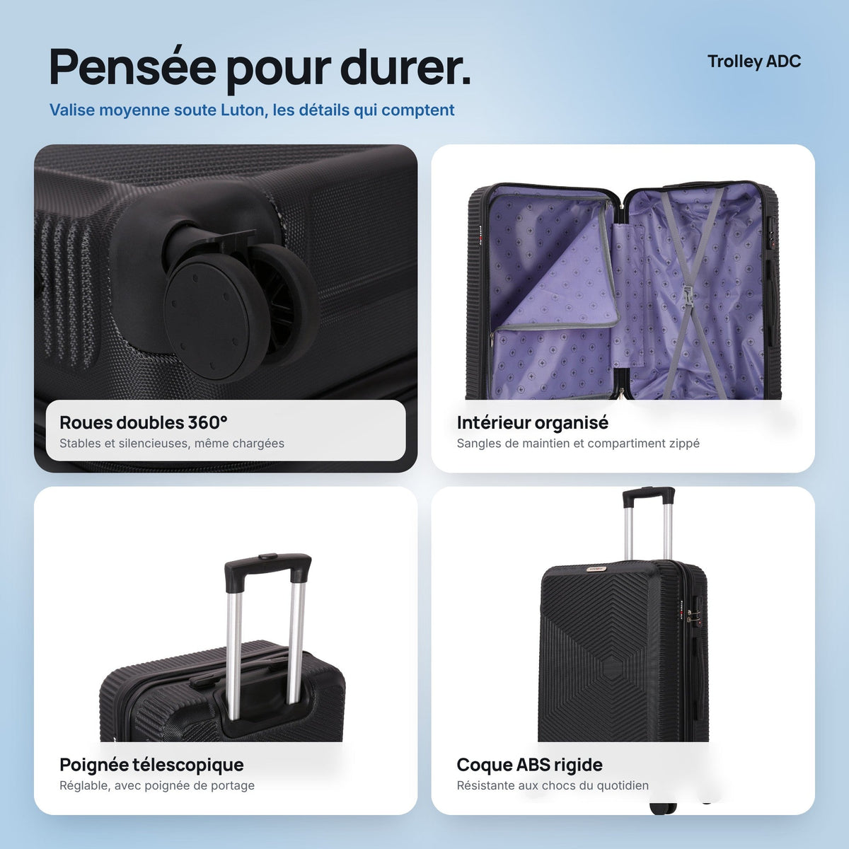Valise moyenne soute 65 cm Luton : roues, poignée, intérieur et coque