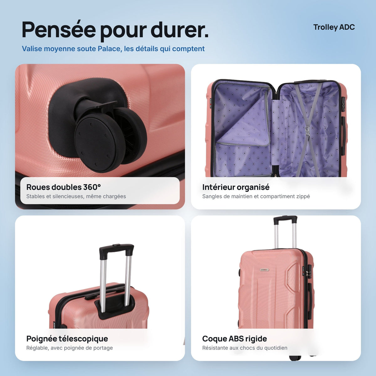 Valise moyenne soute 65 cm Palace : roues, poignée, intérieur et coque