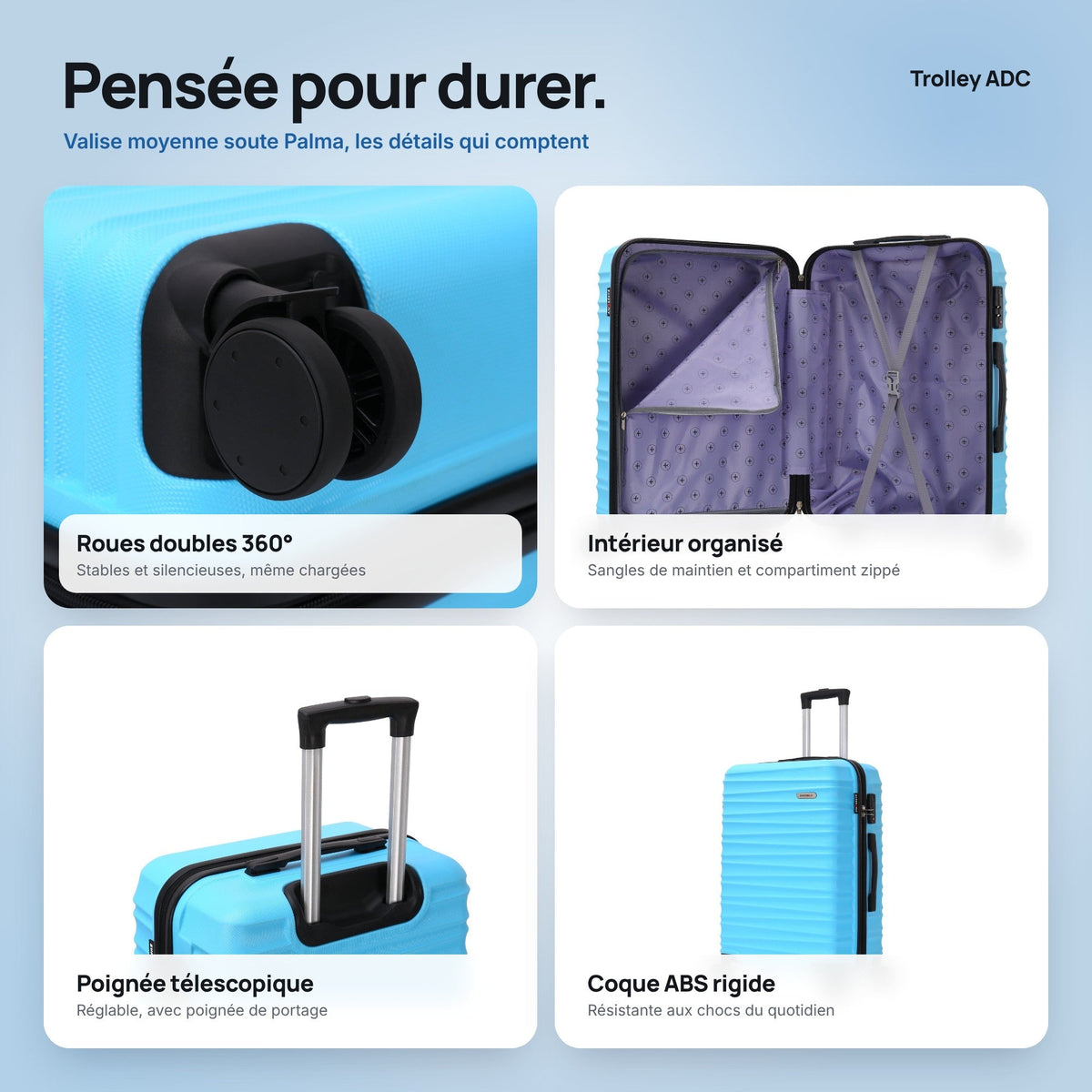 Valise moyenne soute 65 cm Palma : roues, poignée, intérieur et coque
