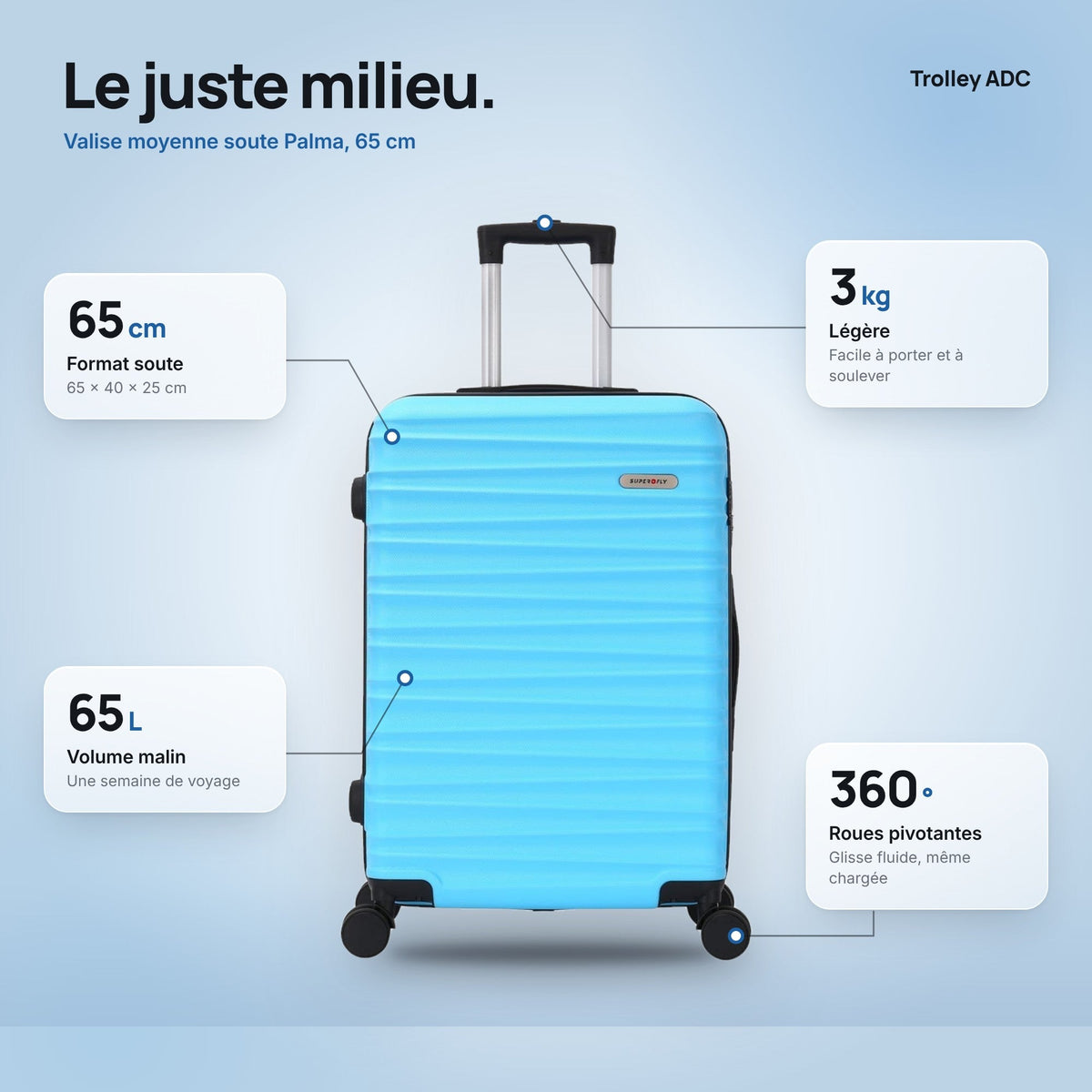 Valise moyenne soute 65 cm Palma : dimensions, volume et poids