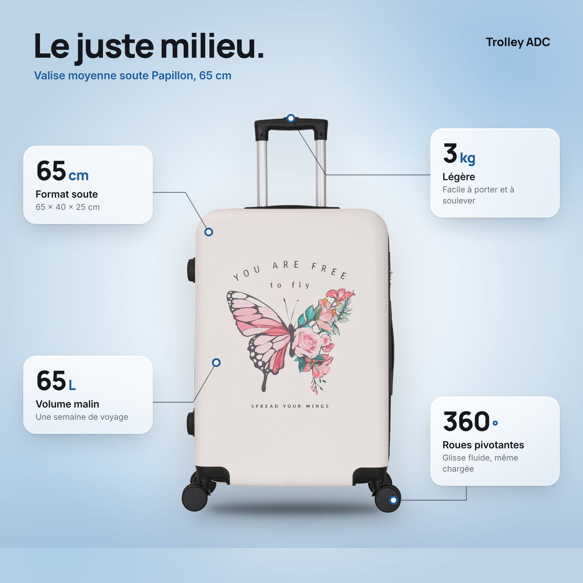 Valise moyenne soute 65 cm Papillon : dimensions, volume et poids