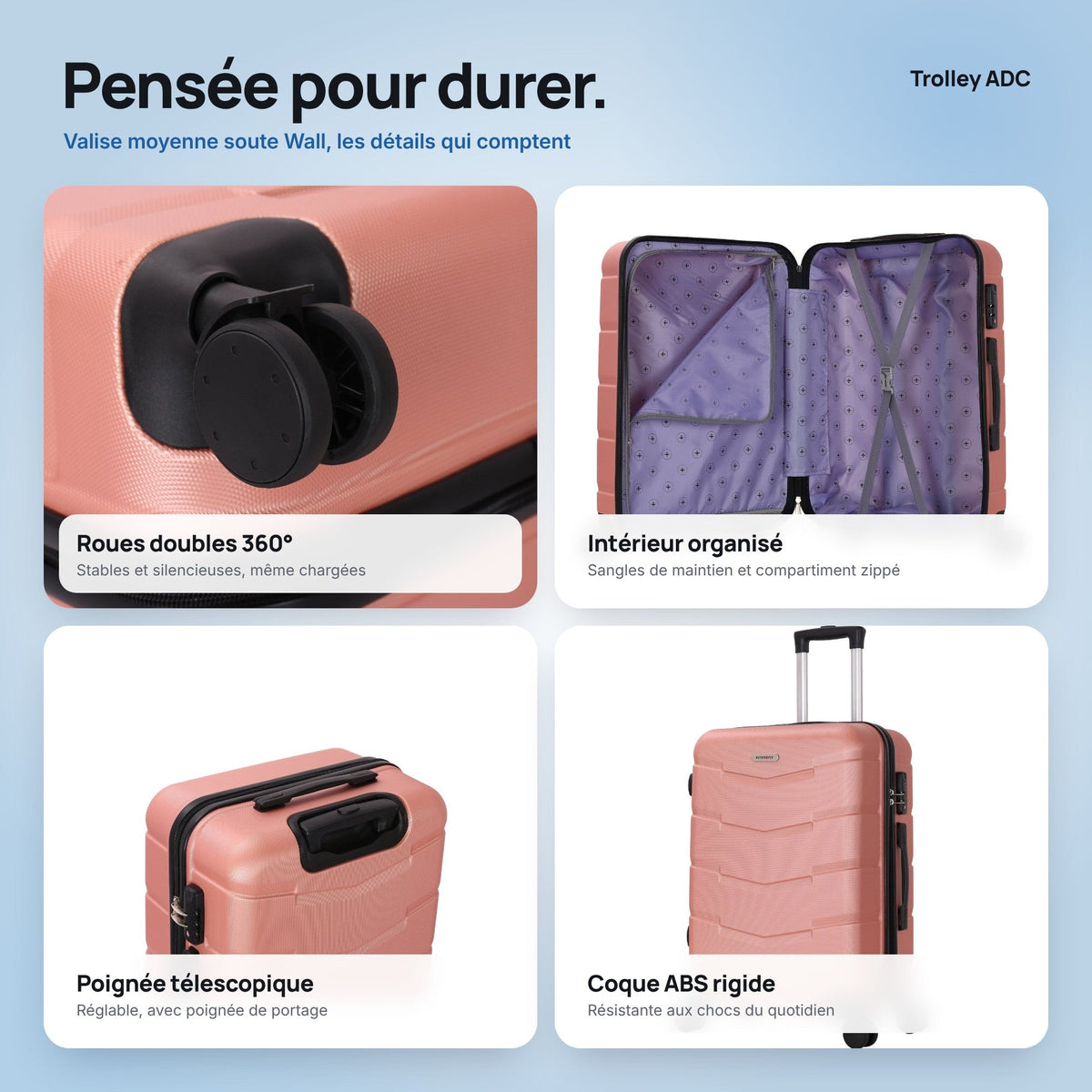 Valise moyenne soute 65 cm Wall : roues, poignée, intérieur et coque